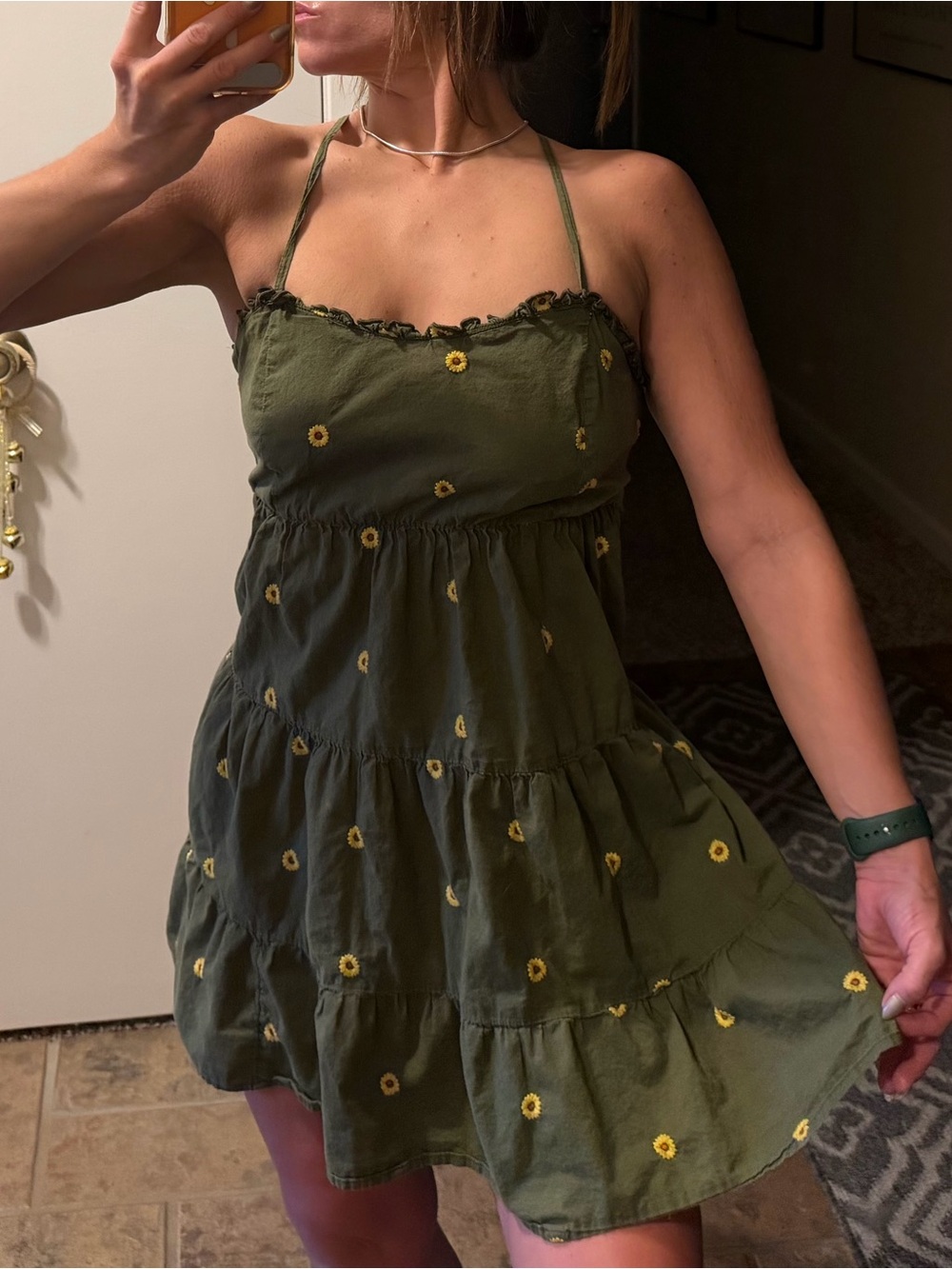 Arizona Jean Company Olive Green Sunflower Halter Tie Open Back Mini Dress